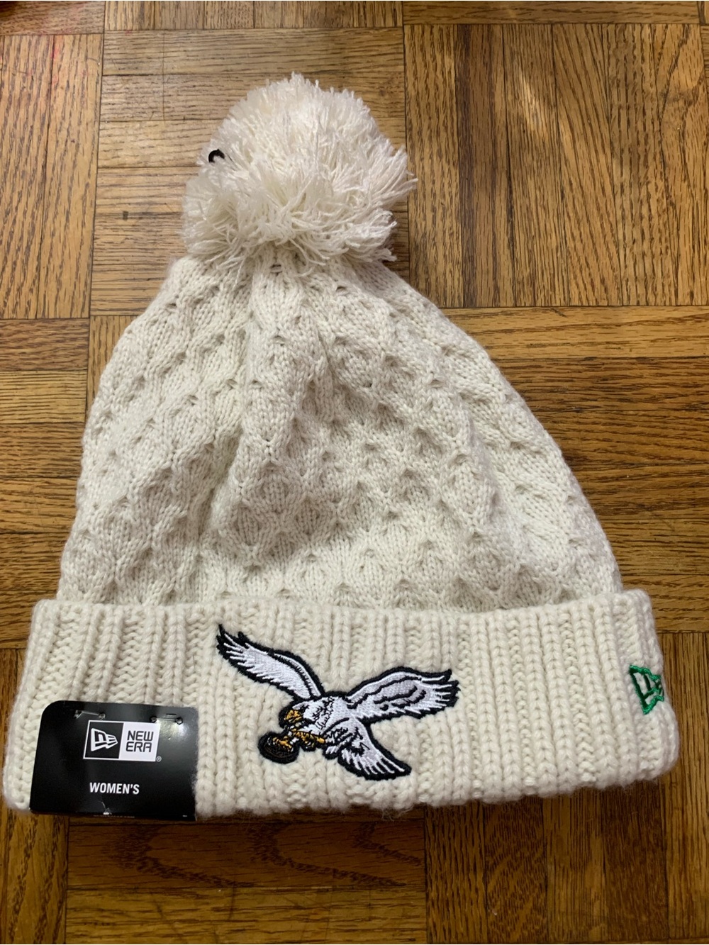 New Era Cream Knit Pom Beanie with Embroidered Eagle NWT